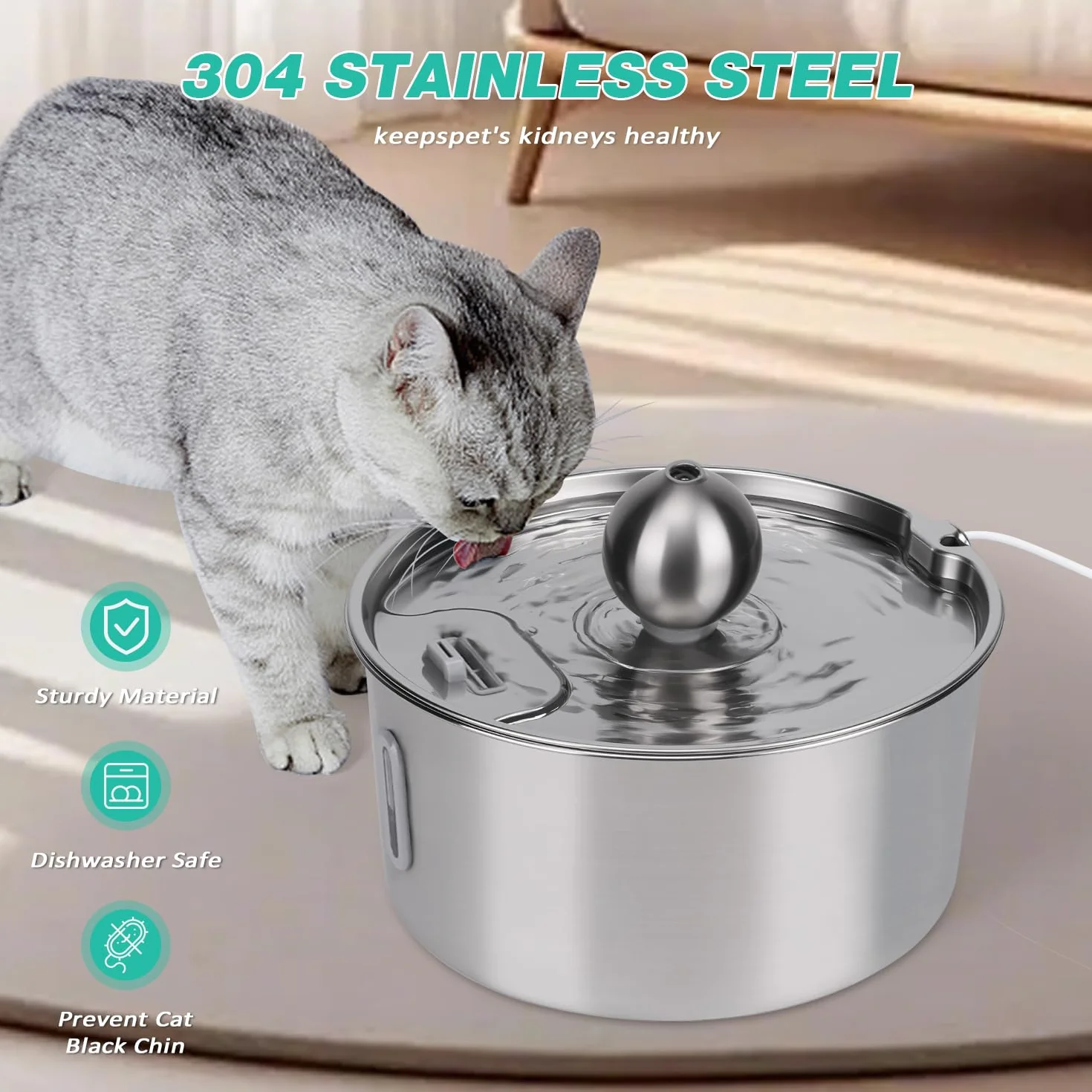 Fontana in acciaio inox, 7 l, per cani e gatti, in acciaio inox, con filtrazione a 5 strati e luce LED, pompa ultraleggera con protezione da sovraccarico per cani di grossa/più gatti, con 3 filtri