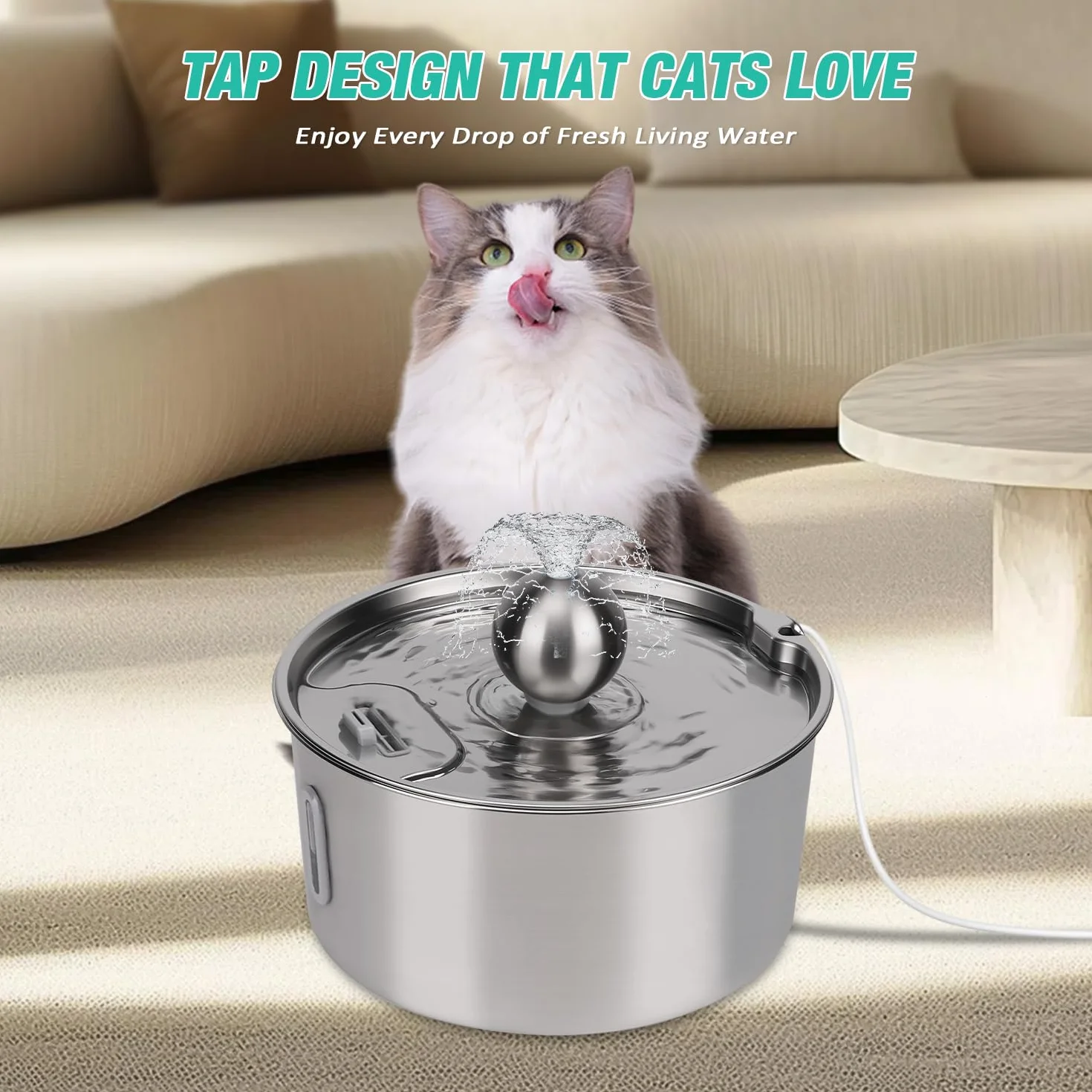 Fontana in acciaio inox, 7 l, per cani e gatti, in acciaio inox, con filtrazione a 5 strati e luce LED, pompa ultraleggera con protezione da sovraccarico per cani di grossa/più gatti, con 3 filtri