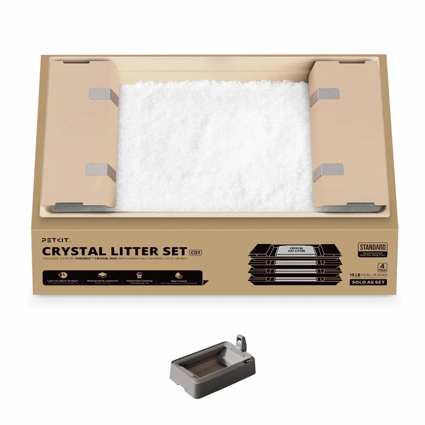 PETKIT Lettiera per Gatti Crystal, Lettiera per Gatti non Agglomerante, Compatibile con PUROBOT CRYSTAL DUO, Eliminazione Multi-odore, Antipolvere, Leggera e Pronta, Ricambio Diretto, 4 Sacchi