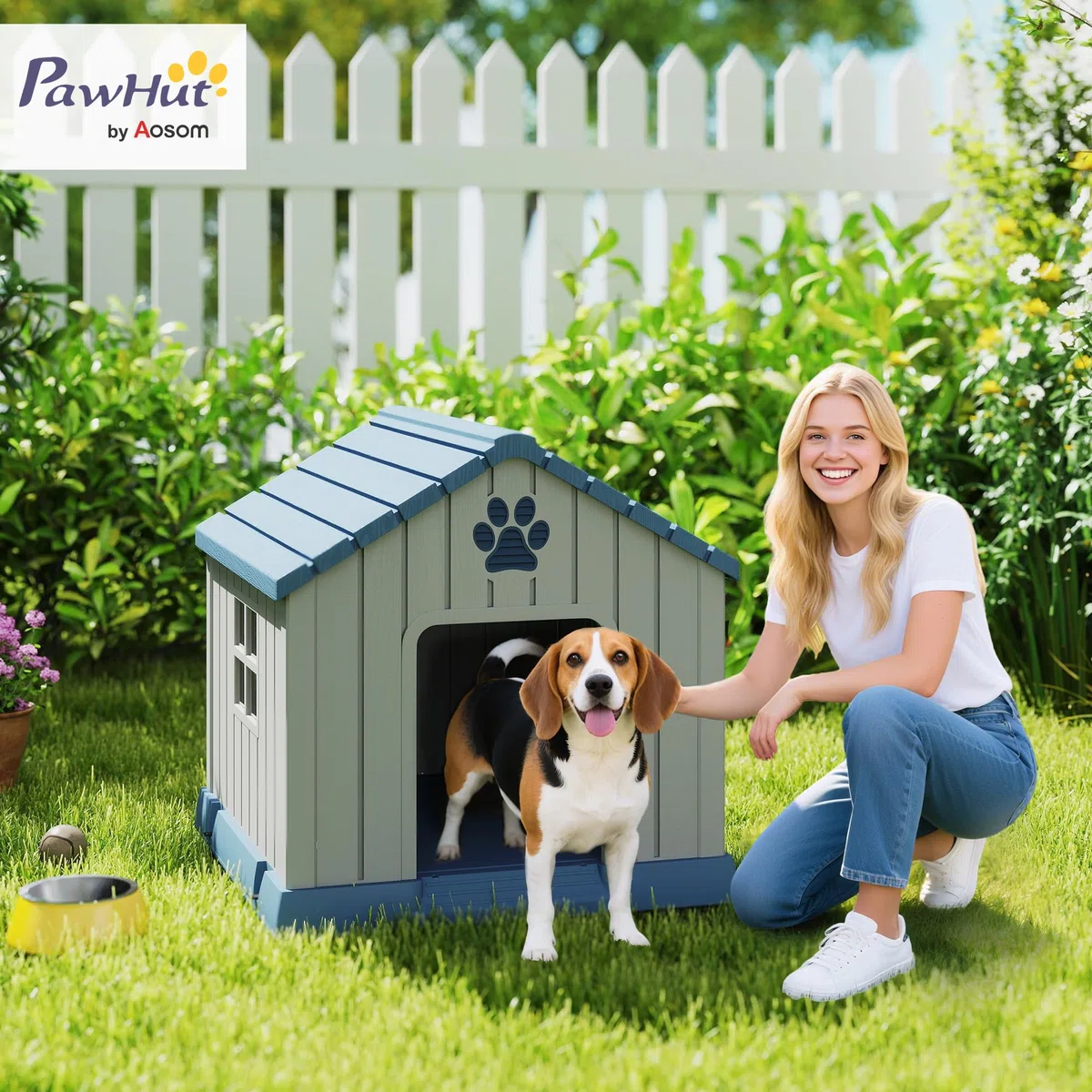 PawHut Cuccia per Cani in Plastica da Esterno Impermeabile Ventilato, Facile Montaggio, Casetta per Cani Taglia Media con Base Rialzato, Finestre e Tetto per Giardino, Patio, Casa, 85x79x82 cm, Grigio