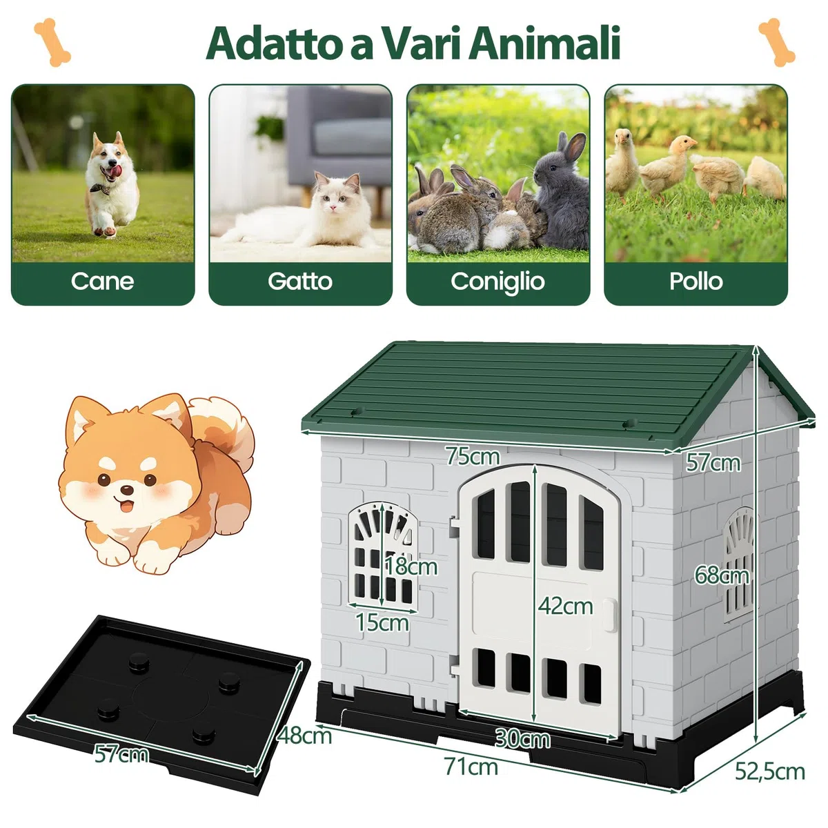 COSTWAY Cuccia per Cani da Esterno ed Interno, Casetta Impermeabile e Ventilata con Vassoio Toilette Rimovibile, Porta Bloccabile, 3 Finestre e Tetto a Pendenza, per Cani di Piccoli e Gatti (Verde)