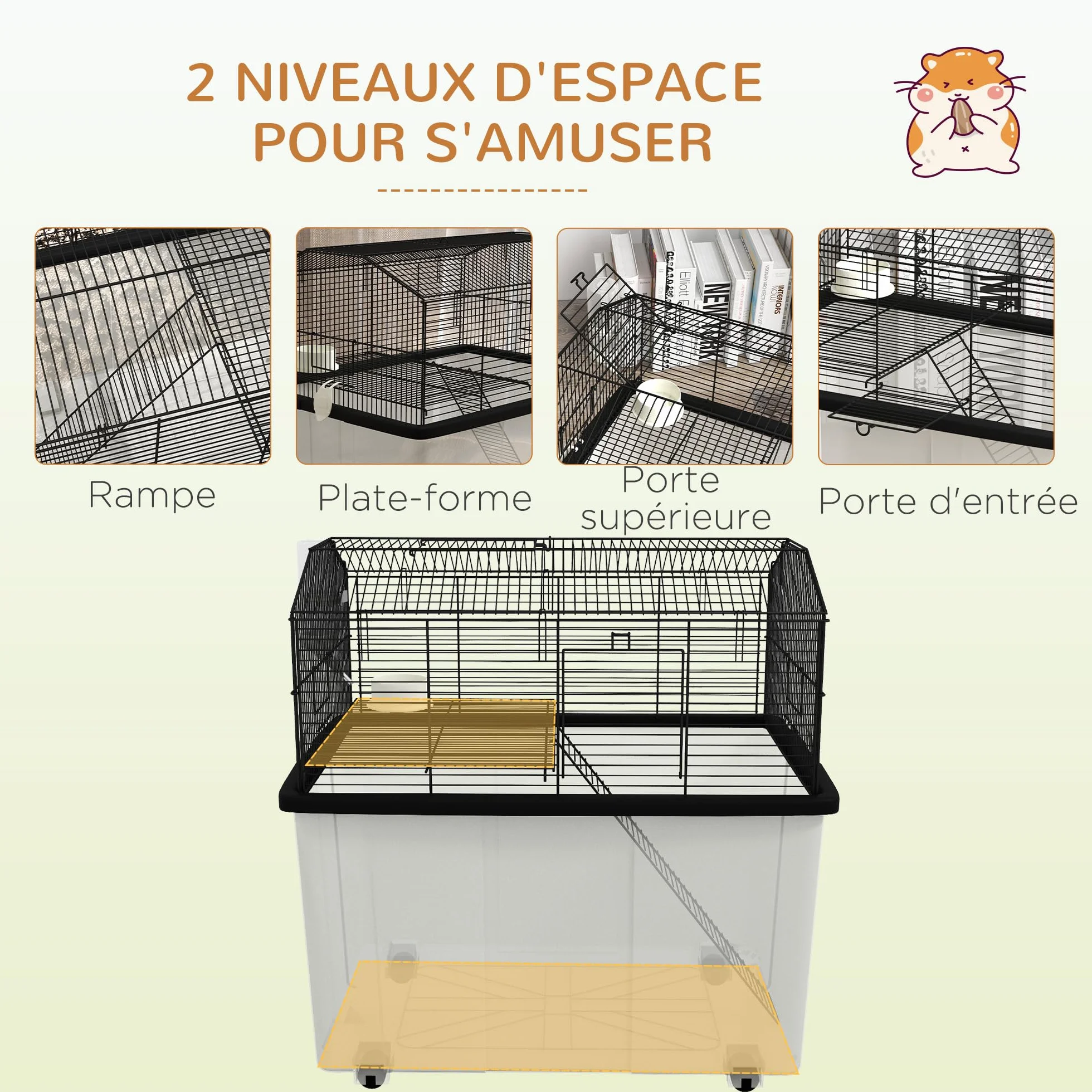 PawHut Gabbia per Roditori, 2 Piani, con Ruote, Piattaforma e Scala, per Criceti Nani, Siriani e Gerbilli, in Filo di Acciaio, 57 x 43 x 57 cm, Nero