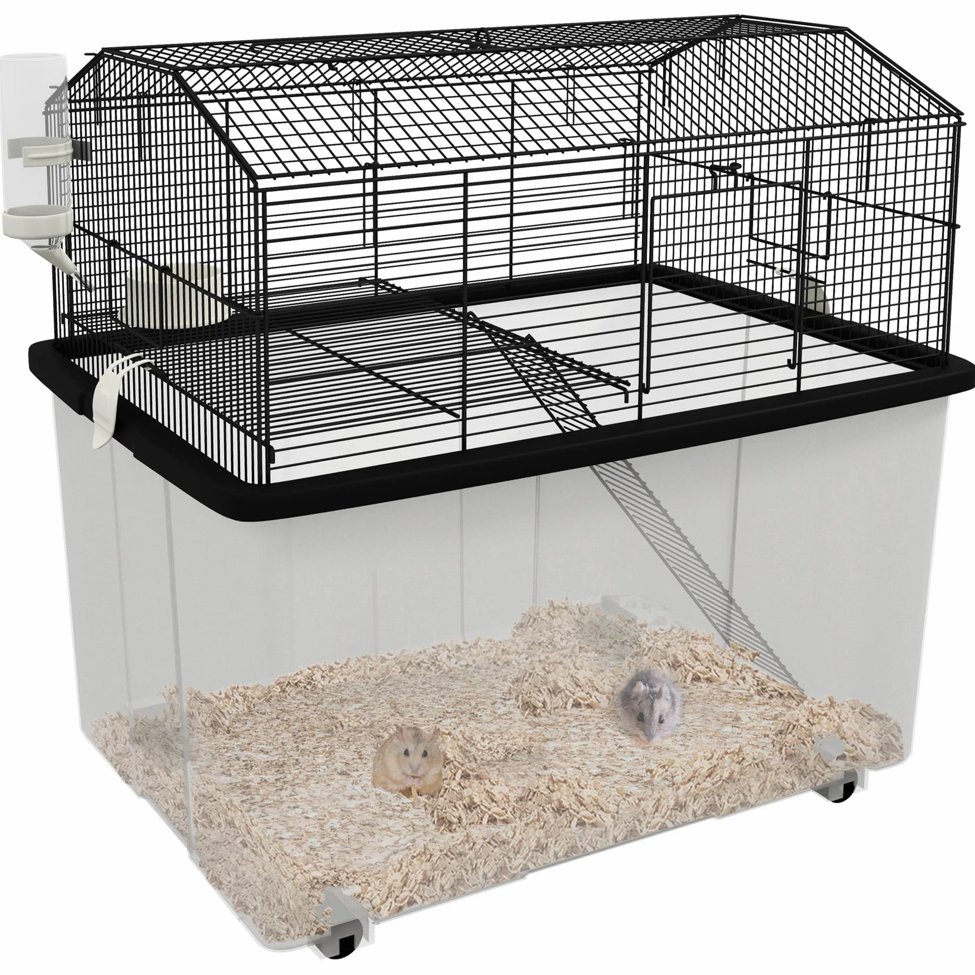 PawHut Gabbia per Roditori, 2 Piani, con Ruote, Piattaforma e Scala, per Criceti Nani, Siriani e Gerbilli, in Filo di Acciaio, 57 x 43 x 57 cm, Nero