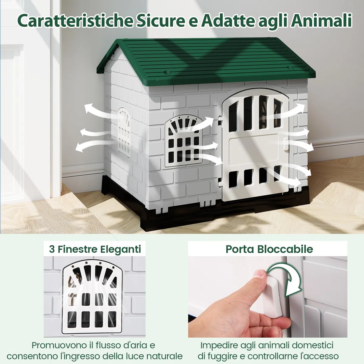 COSTWAY Cuccia per Cani da Esterno ed Interno, Casetta Impermeabile e Ventilata con Vassoio Toilette Rimovibile, Porta Bloccabile, 3 Finestre e Tetto a Pendenza, per Cani di Piccoli e Gatti (Verde)