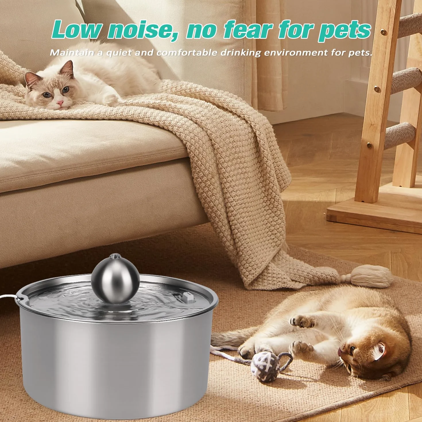 Fontana in acciaio inox, 7 l, per cani e gatti, in acciaio inox, con filtrazione a 5 strati e luce LED, pompa ultraleggera con protezione da sovraccarico per cani di grossa/più gatti, con 3 filtri