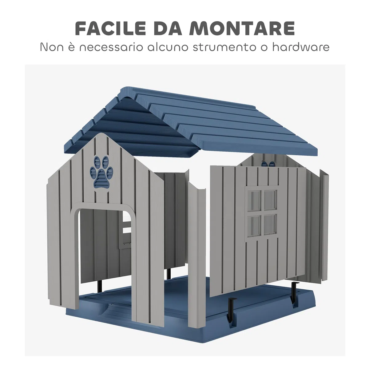 PawHut Cuccia per Cani in Plastica da Esterno Impermeabile Ventilato, Facile Montaggio, Casetta per Cani Taglia Media con Base Rialzato, Finestre e Tetto per Giardino, Patio, Casa, 85x79x82 cm, Grigio