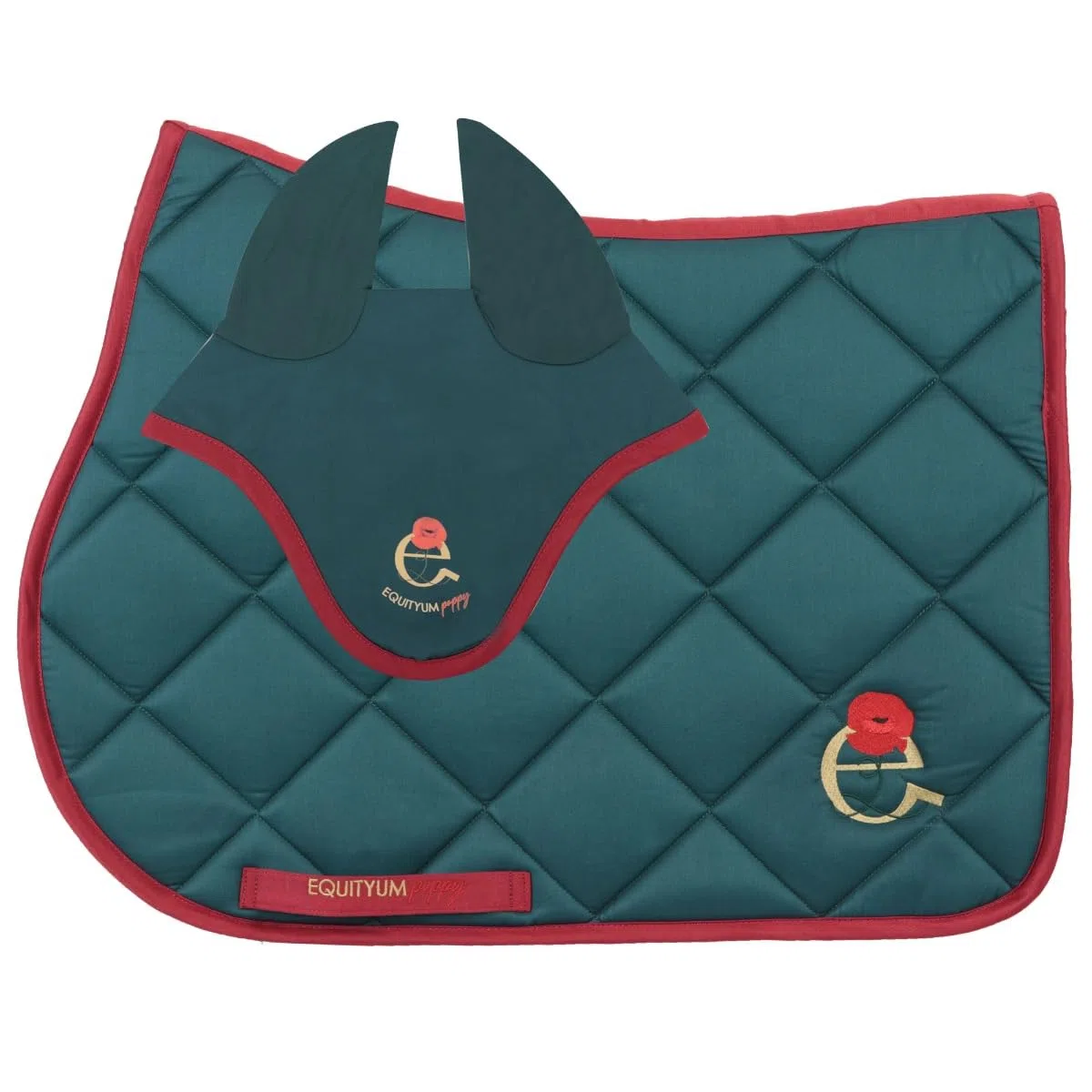 Sottosella + Cuffietta Equityum Poppy,Alta Qualità, Design Italiano, Materiali Innovativi, Traspirabilità e Dettagli Raffinati per il Comfort del Cavallo (verde/rosso, cob)
